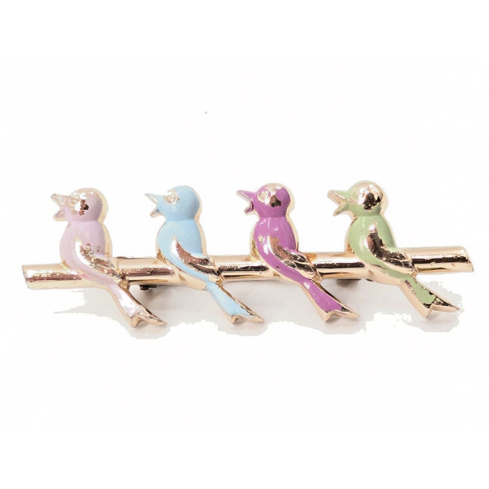4 Birds On A Branch Vintage Enamel Metal Springtime Pastel Colors Brooch Pin
